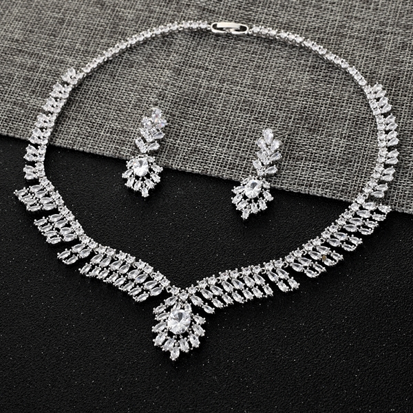 Picture of Nickel Free Platinum Plated Cubic Zirconia Necklace and Earring Set with No-Risk Refund